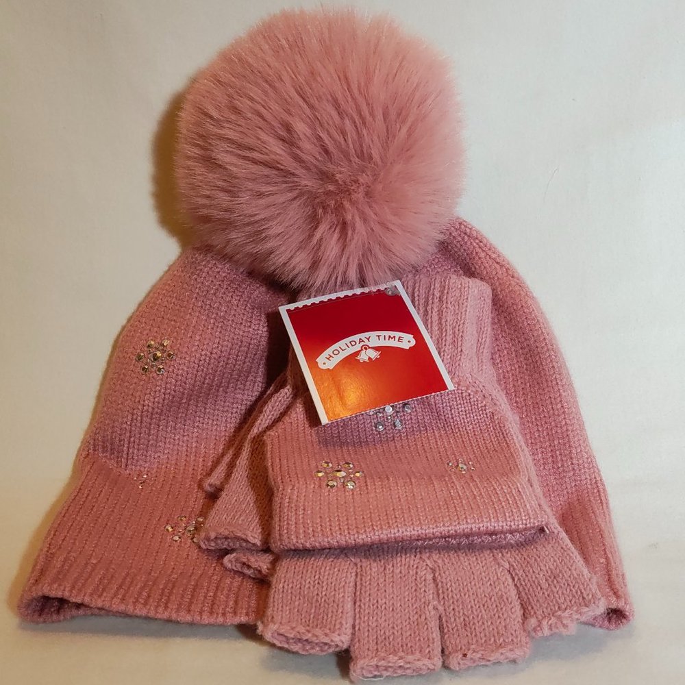 NWT Adult Pink Rhinestone Beanie Faux Fur Pom Pom Fingerless Glove Mittens Set